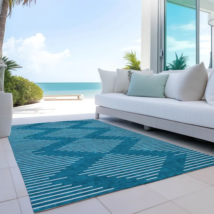 10' X 14' Teal Blue And Ivory Geometric Washable Indoor Outdoor Area Rug