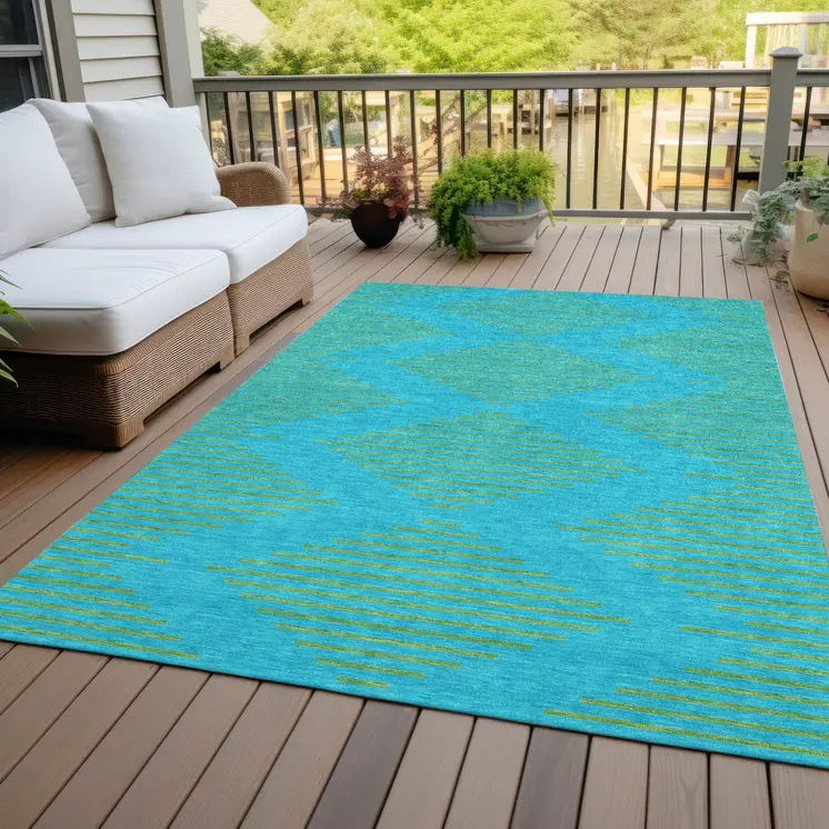 3' X 5' Aqua And Green Geometric Washable Indoor Outdoor Area Rug