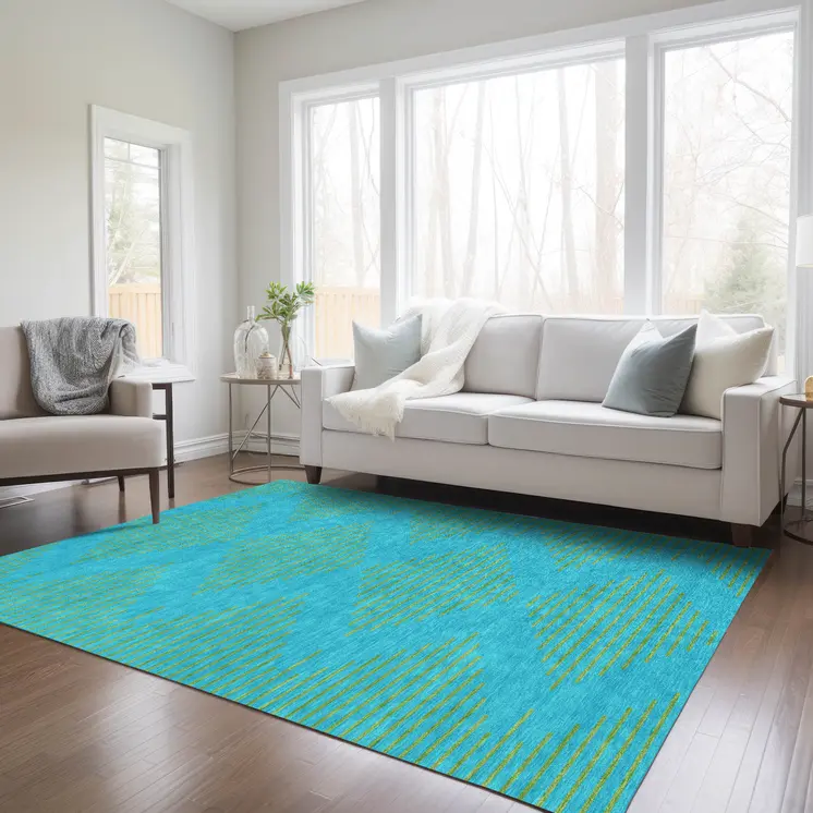 3' X 5' Aqua And Green Geometric Washable Indoor Outdoor Area Rug