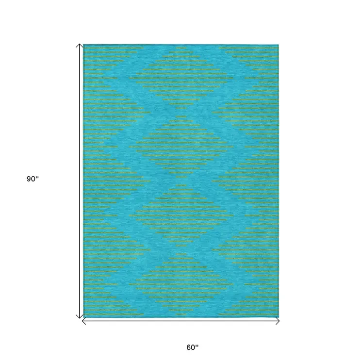 5' X 8' Aqua And Green Geometric Washable Indoor Outdoor Area Rug