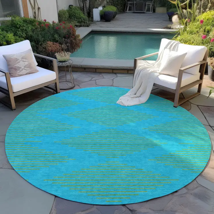 8' Aqua And Green Round Geometric Washable Indoor Outdoor Area Rug