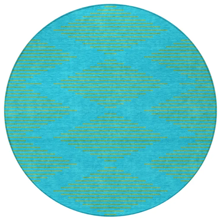 8' Aqua And Green Round Geometric Washable Indoor Outdoor Area Rug