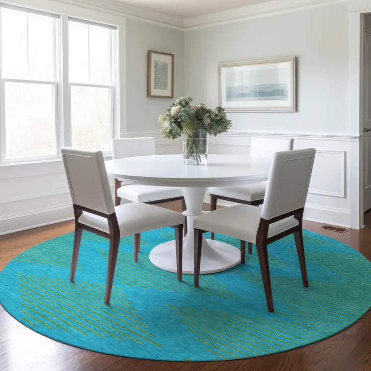 8' Aqua And Green Round Geometric Washable Indoor Outdoor Area Rug