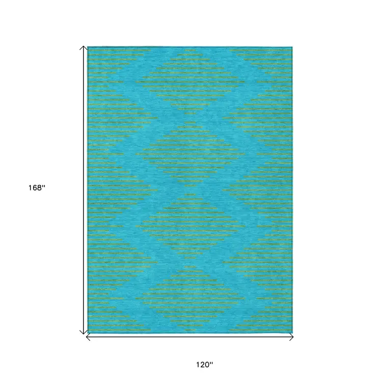 10' X 14' Aqua And Green Geometric Washable Indoor Outdoor Area Rug