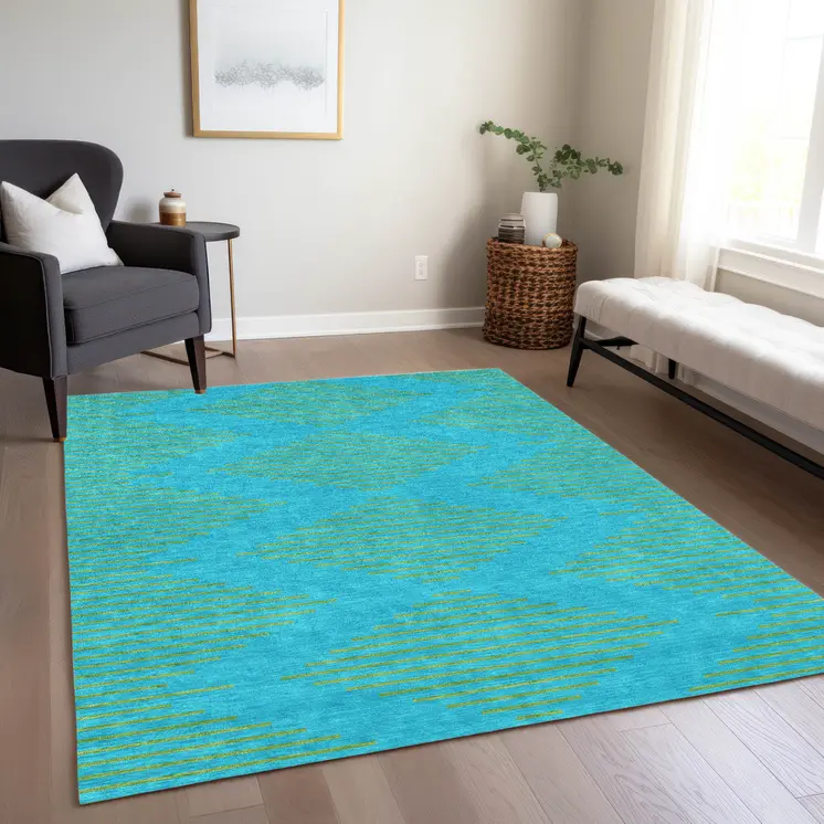 10' X 14' Aqua And Green Geometric Washable Indoor Outdoor Area Rug