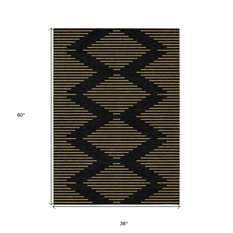 3' X 5' Black And Beige Geometric Washable Indoor Outdoor Area Rug