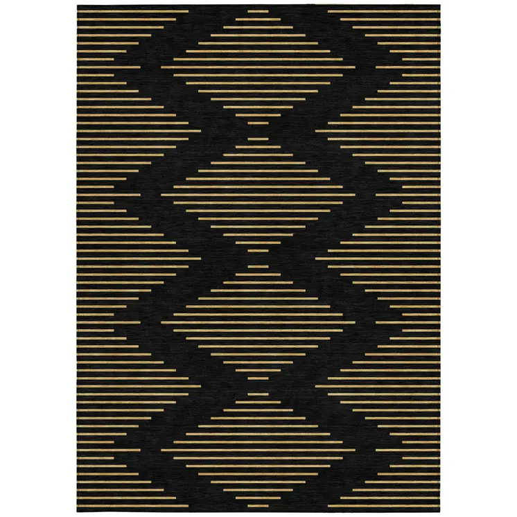 5' X 8' Black And Beige Geometric Washable Indoor Outdoor Area Rug