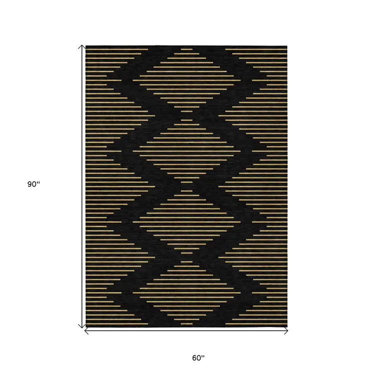 5' X 8' Black And Beige Geometric Washable Indoor Outdoor Area Rug