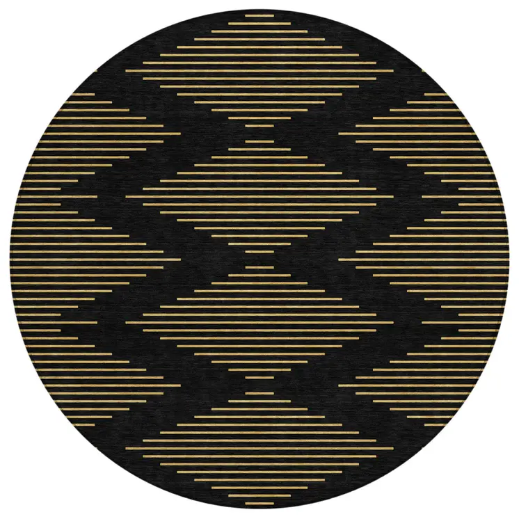 8' Black And Beige Round Geometric Washable Indoor Outdoor Area Rug
