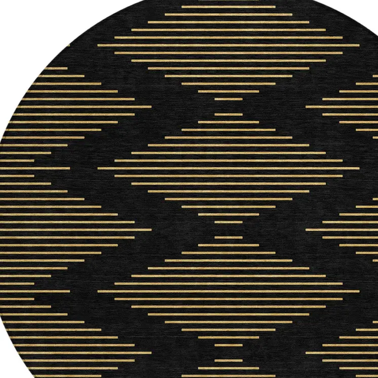 8' Black And Beige Round Geometric Washable Indoor Outdoor Area Rug