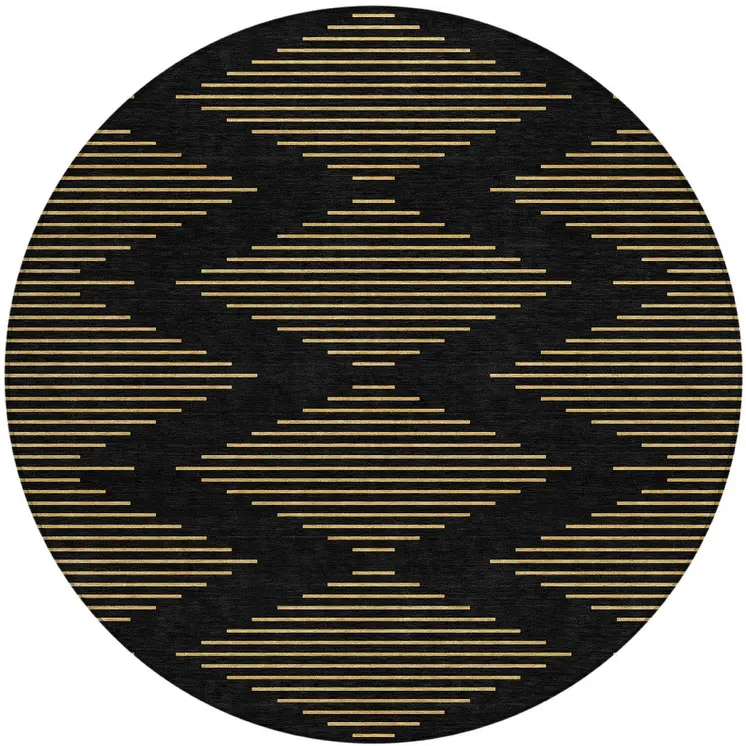 8' Black And Beige Round Geometric Washable Indoor Outdoor Area Rug