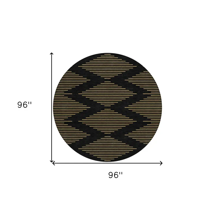 8' Black And Beige Round Geometric Washable Indoor Outdoor Area Rug