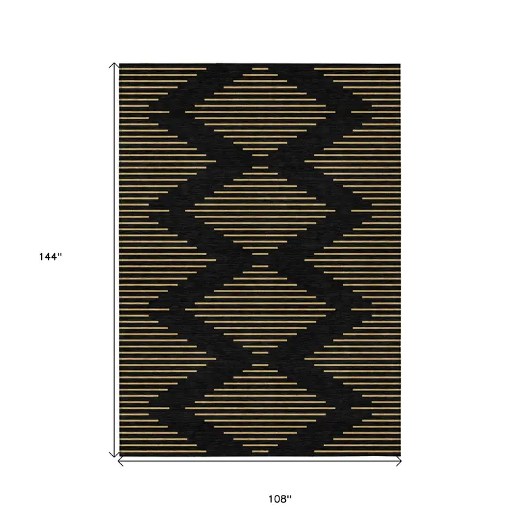 9' X 12' Black And Beige Geometric Washable Indoor Outdoor Area Rug