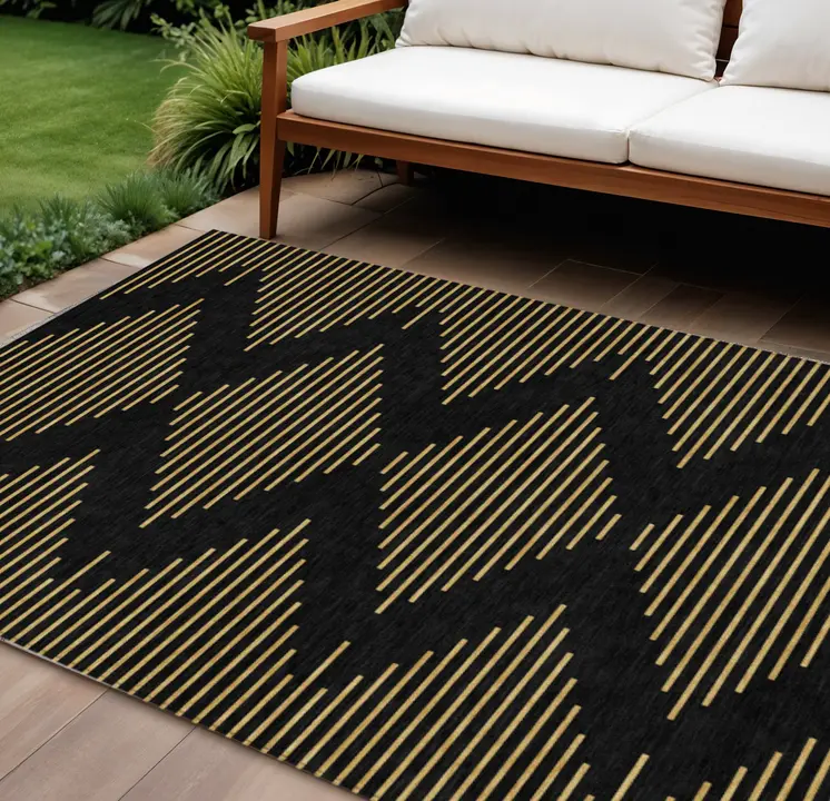 9' X 12' Black And Beige Geometric Washable Indoor Outdoor Area Rug