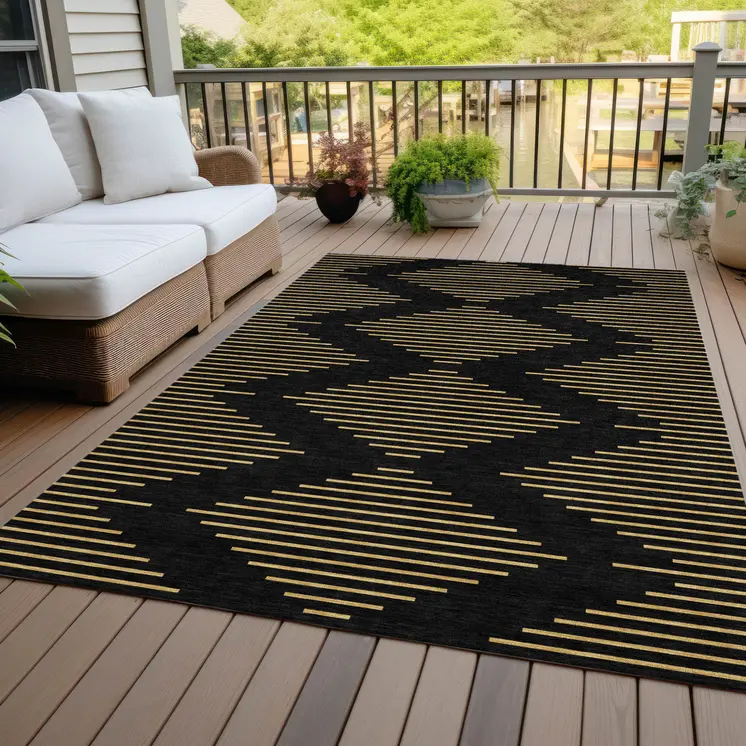 9' X 12' Black And Beige Geometric Washable Indoor Outdoor Area Rug