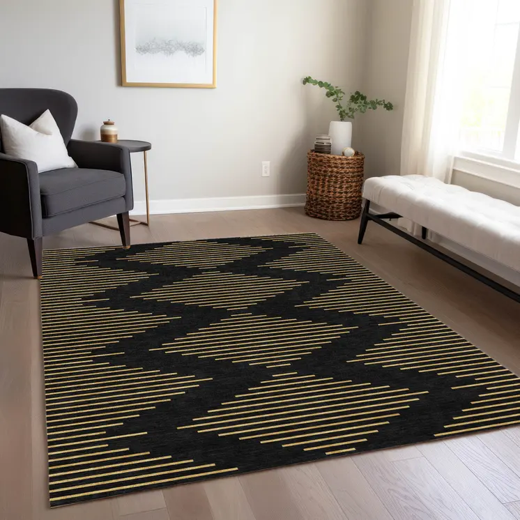 9' X 12' Black And Beige Geometric Washable Indoor Outdoor Area Rug