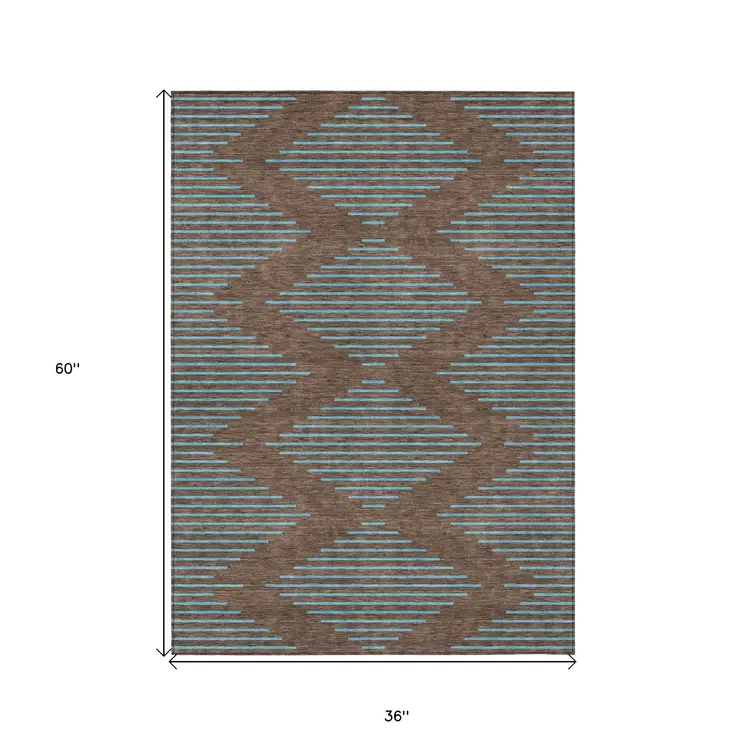 3' X 5' Brown And Aqua Geometric Washable Indoor Outdoor Area Rug