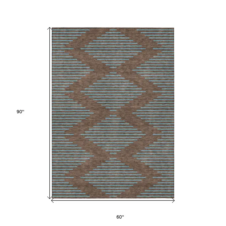 5' X 8' Brown And Aqua Geometric Washable Indoor Outdoor Area Rug