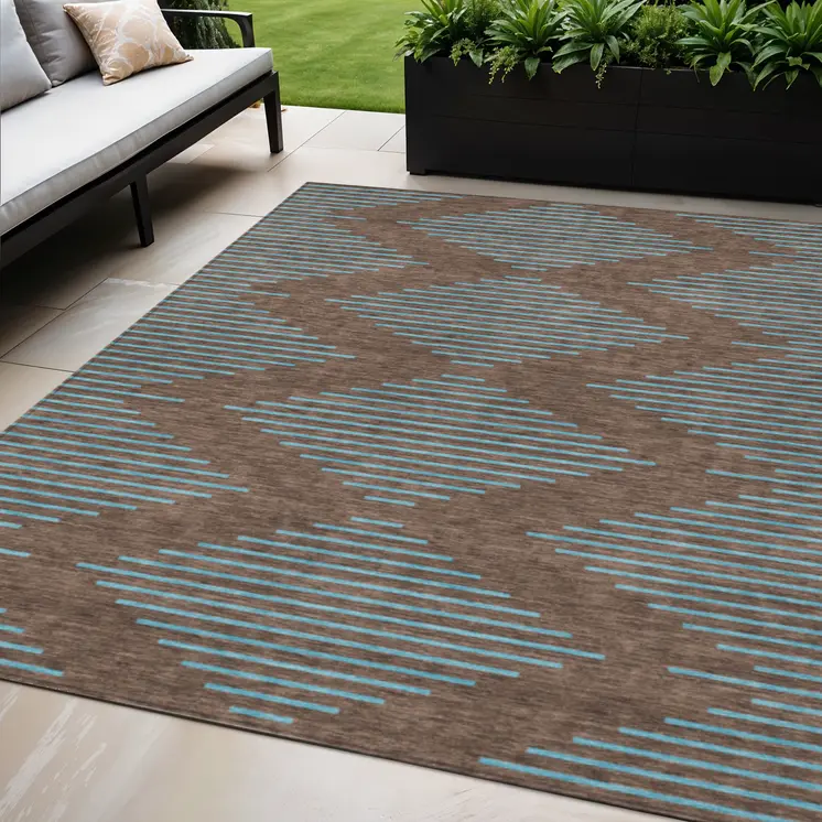 5' X 8' Brown And Aqua Geometric Washable Indoor Outdoor Area Rug