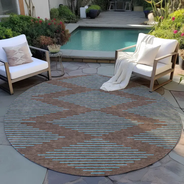8' Brown And Aqua Round Geometric Washable Indoor Outdoor Area Rug