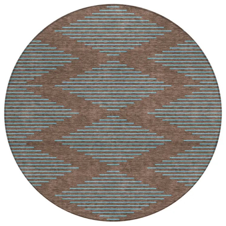 8' Brown And Aqua Round Geometric Washable Indoor Outdoor Area Rug