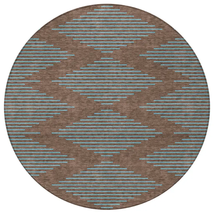 8' Brown And Aqua Round Geometric Washable Indoor Outdoor Area Rug