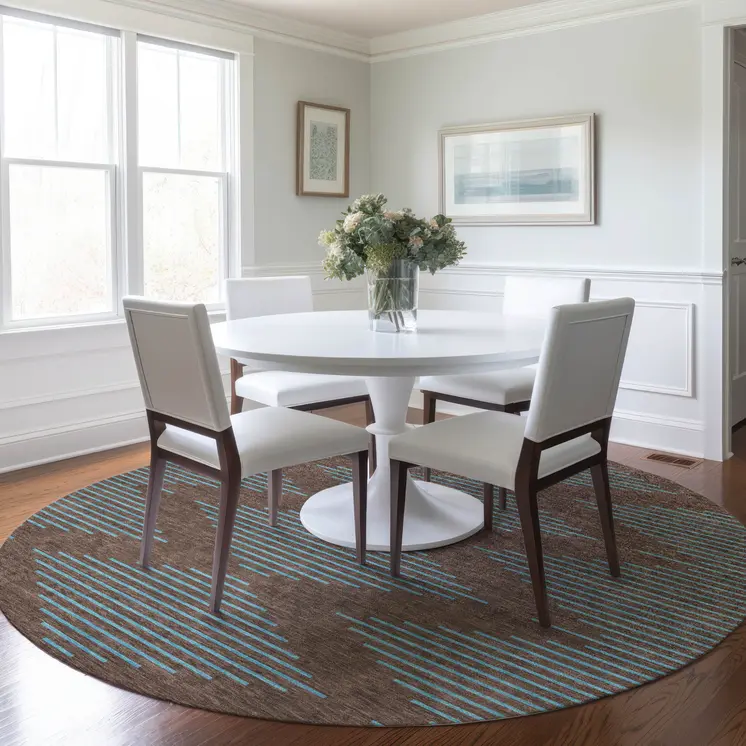 8' Brown And Aqua Round Geometric Washable Indoor Outdoor Area Rug