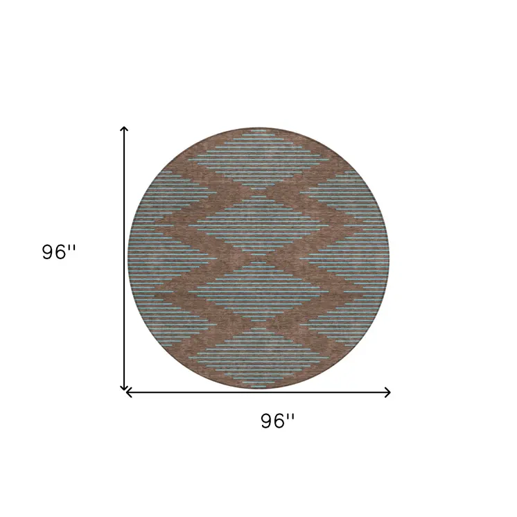 8' Brown And Aqua Round Geometric Washable Indoor Outdoor Area Rug