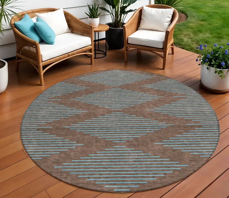 8' Brown And Aqua Round Geometric Washable Indoor Outdoor Area Rug
