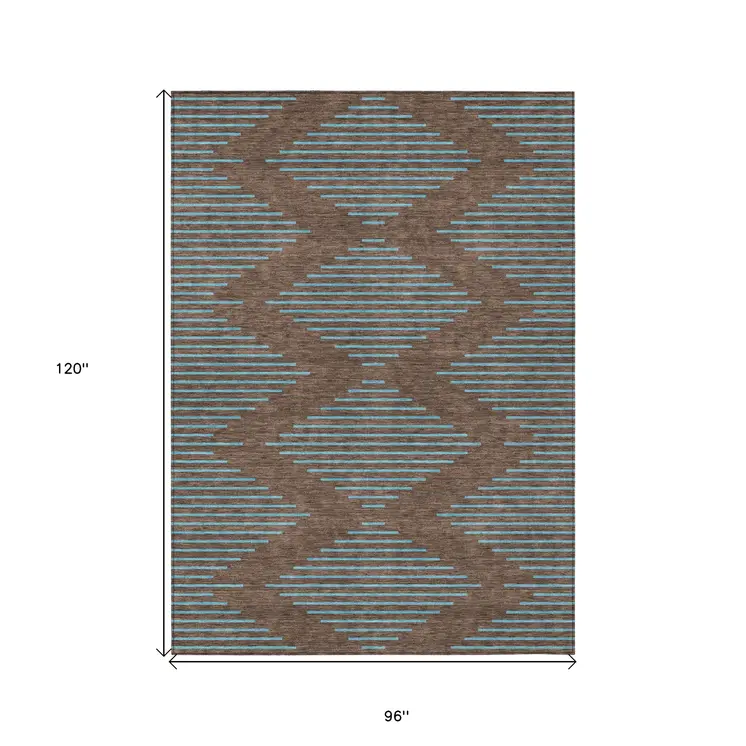 8' X 10' Brown And Aqua Geometric Washable Indoor Outdoor Area Rug