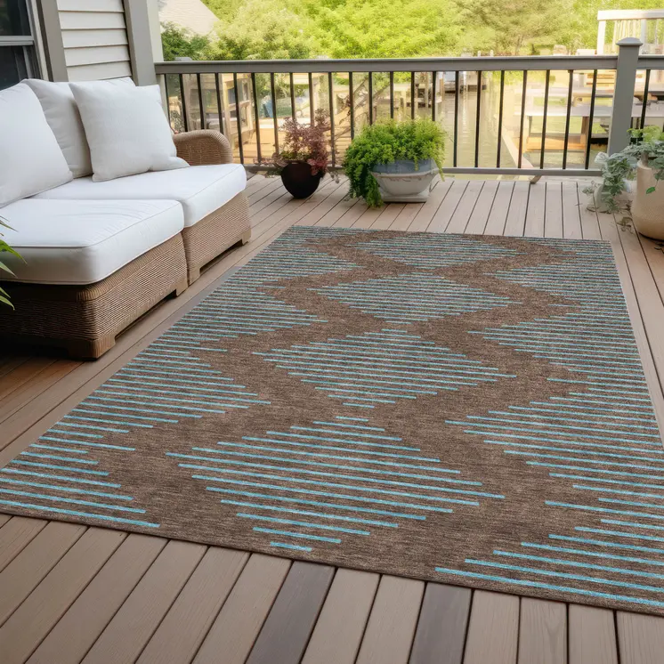 8' X 10' Brown And Aqua Geometric Washable Indoor Outdoor Area Rug