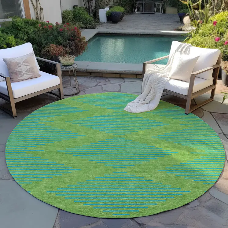8' Green And Aqua Round Geometric Washable Indoor Outdoor Area Rug