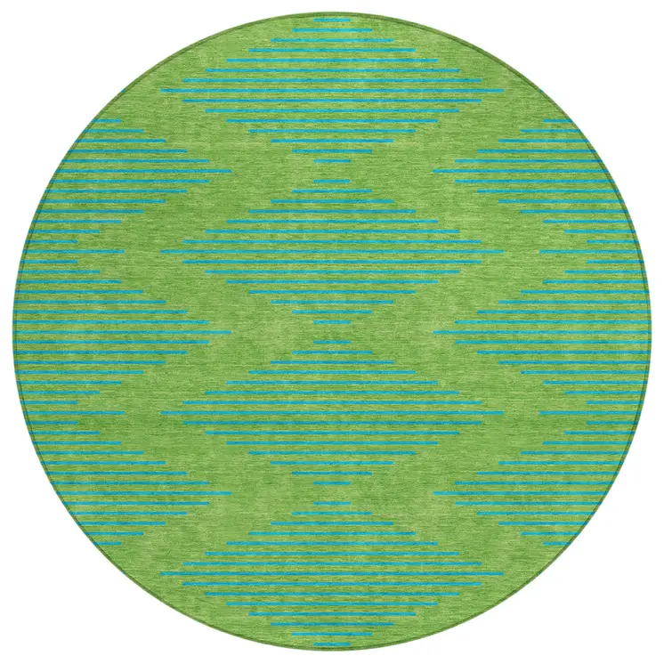 8' Green And Aqua Round Geometric Washable Indoor Outdoor Area Rug