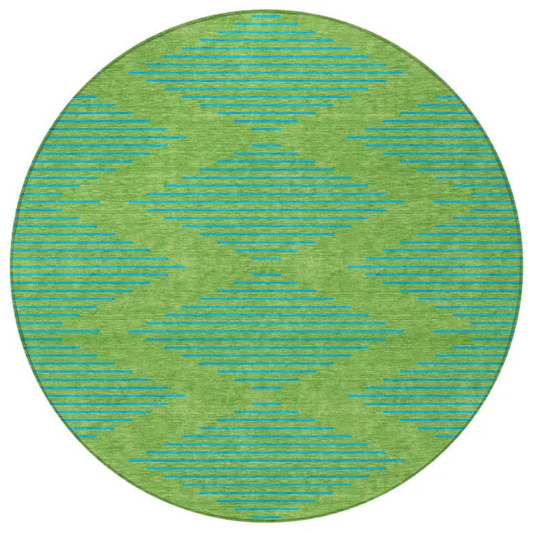 8' Green And Aqua Round Geometric Washable Indoor Outdoor Area Rug