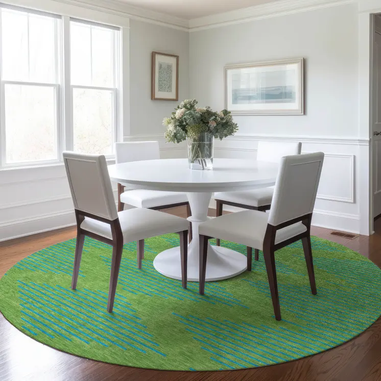8' Green And Aqua Round Geometric Washable Indoor Outdoor Area Rug