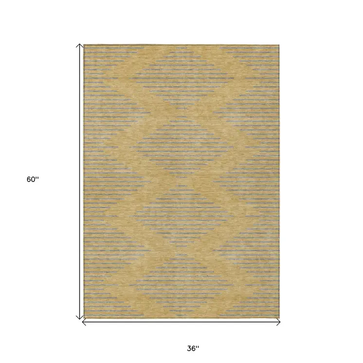 3' X 5' Gold And Ivory Geometric Washable Indoor Outdoor Area Rug