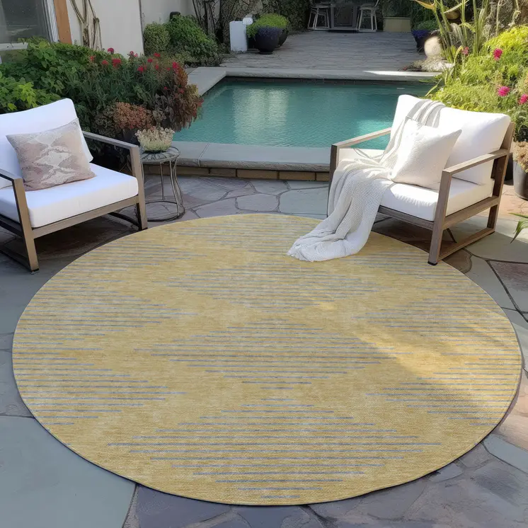 8' Gold And Ivory Round Geometric Washable Indoor Outdoor Area Rug