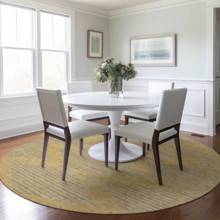 8' Gold And Ivory Round Geometric Washable Indoor Outdoor Area Rug