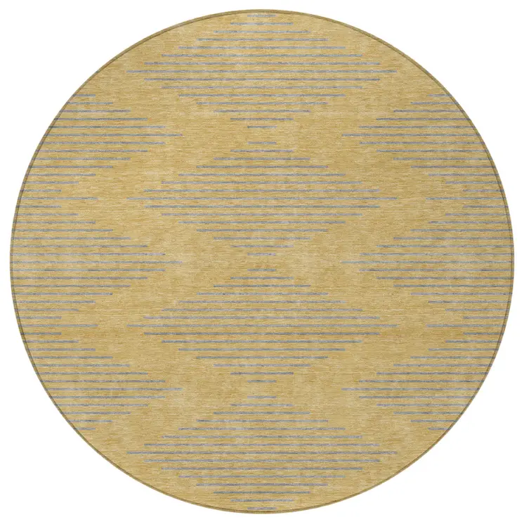 8' Gold And Ivory Round Geometric Washable Indoor Outdoor Area Rug