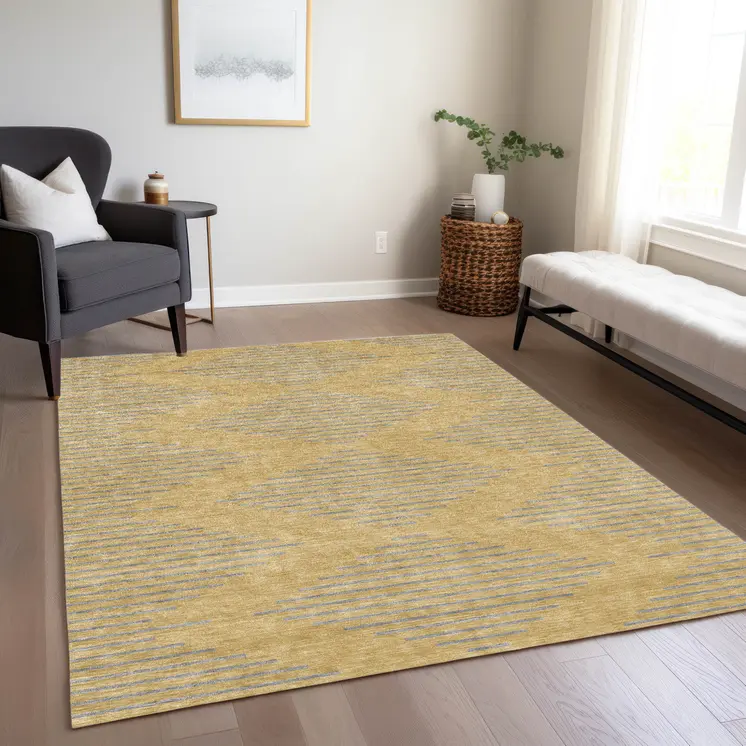 8' X 10' Gold And Ivory Geometric Washable Indoor Outdoor Area Rug