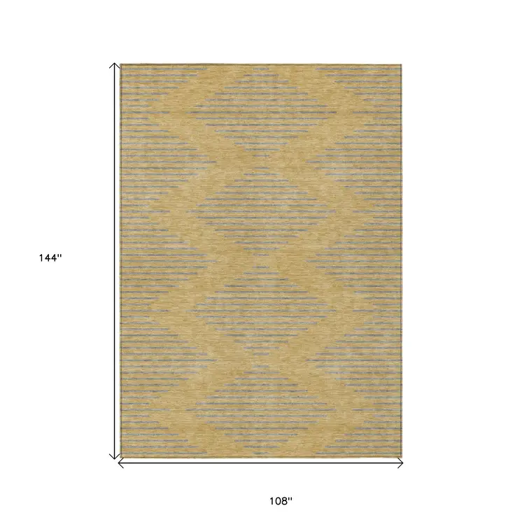 9' X 12' Gold And Ivory Geometric Washable Indoor Outdoor Area Rug