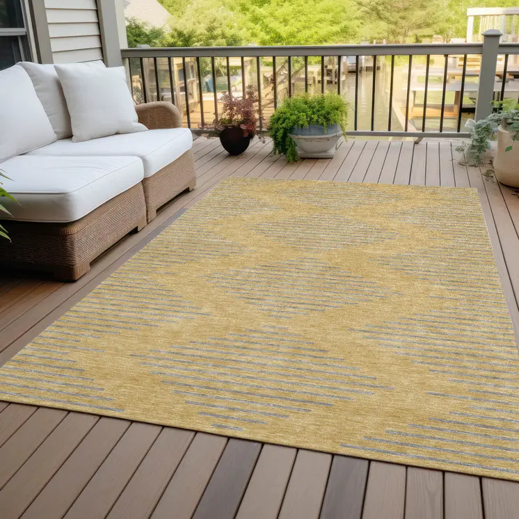 9' X 12' Gold And Ivory Geometric Washable Indoor Outdoor Area Rug