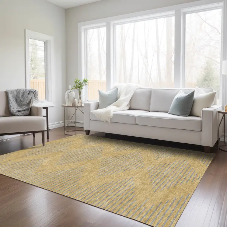 9' X 12' Gold And Ivory Geometric Washable Indoor Outdoor Area Rug