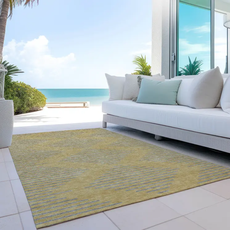 10' X 14' Gold And Ivory Geometric Washable Indoor Outdoor Area Rug