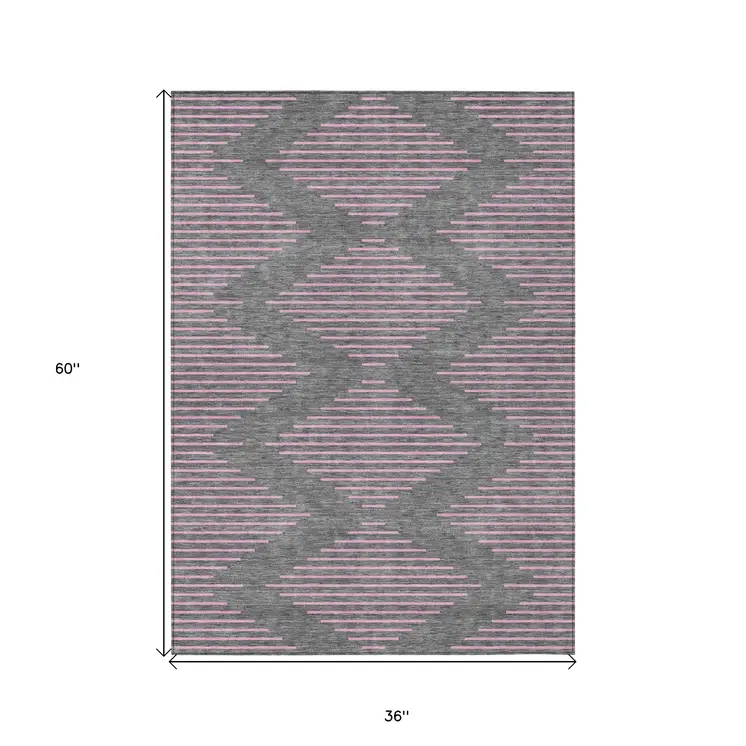 3' X 5' Gray And Pink Geometric Washable Indoor Outdoor Area Rug