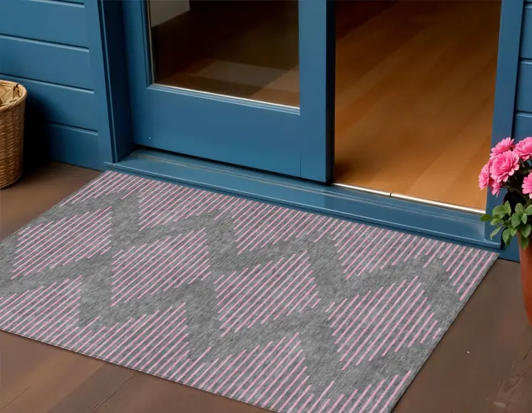 3' X 5' Gray And Pink Geometric Washable Indoor Outdoor Area Rug