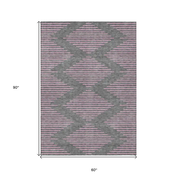 5' X 8' Gray And Pink Geometric Washable Indoor Outdoor Area Rug
