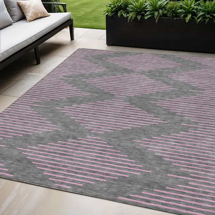5' X 8' Gray And Pink Geometric Washable Indoor Outdoor Area Rug