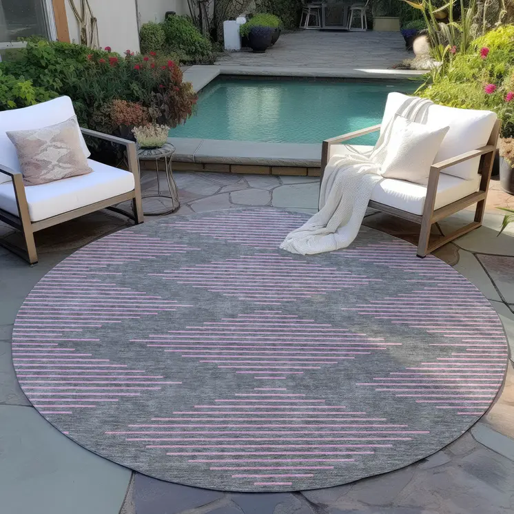 8' Gray And Pink Round Geometric Washable Indoor Outdoor Area Rug