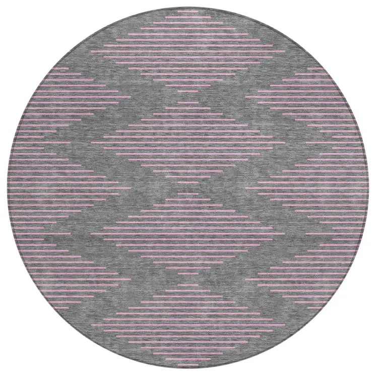 8' Gray And Pink Round Geometric Washable Indoor Outdoor Area Rug
